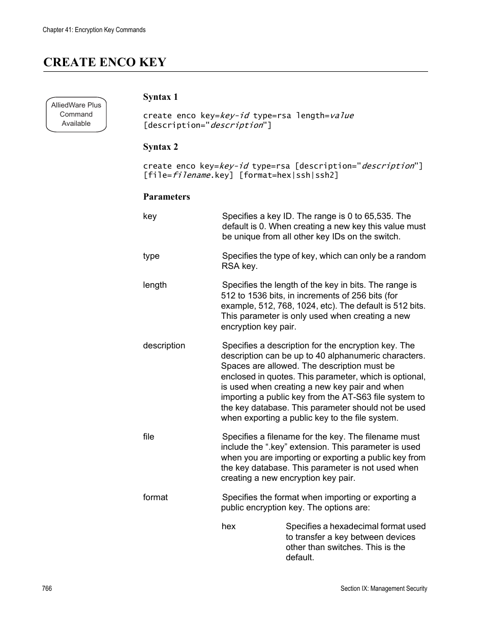 Create enco key, Create enco key” on, Using “create enco key” on | Allied Telesis AT-S63 User Manual | Page 766 / 836
