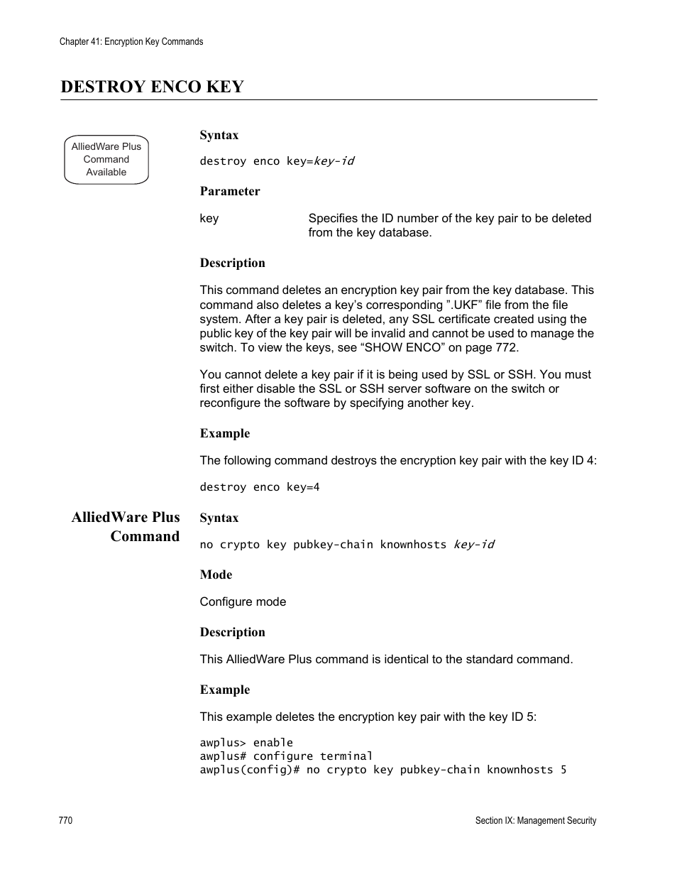 Destroy enco key, Alliedware plus command | Allied Telesis AT-S63 User Manual | Page 770 / 836