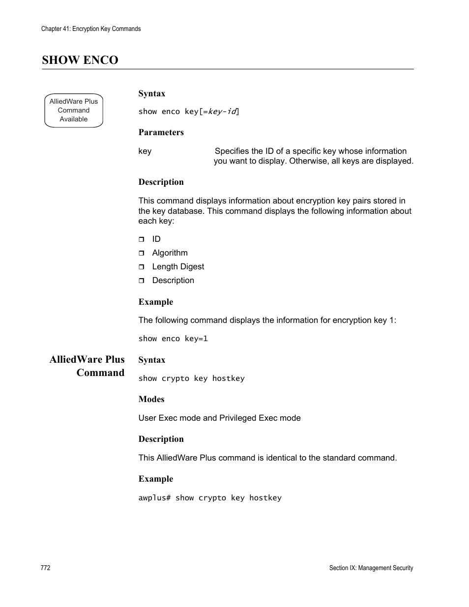 Show enco, Alliedware plus command | Allied Telesis AT-S63 User Manual | Page 772 / 836