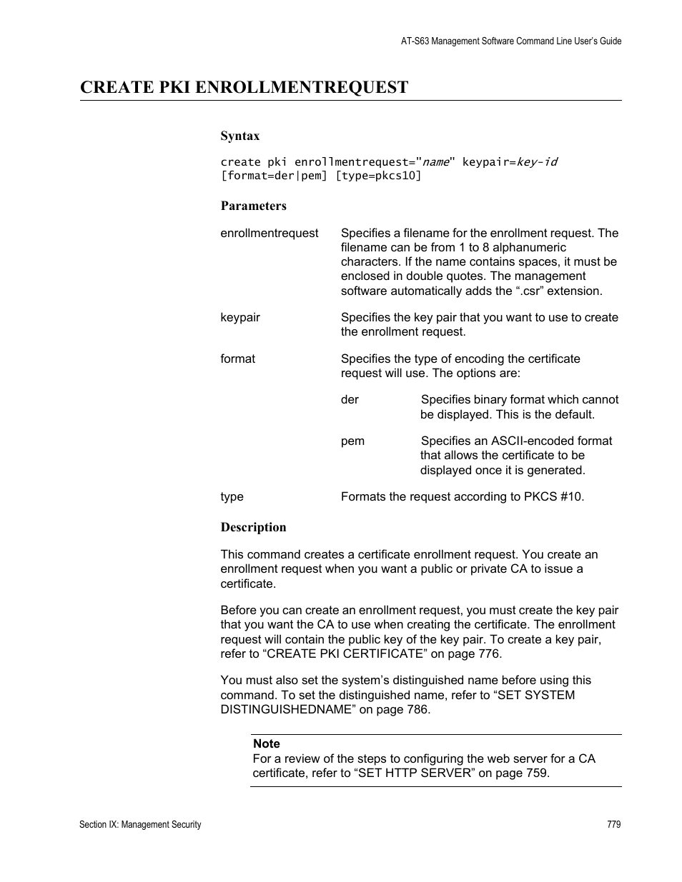 Create pki enrollmentrequest, Quest using “create pki | Allied Telesis AT-S63 User Manual | Page 779 / 836