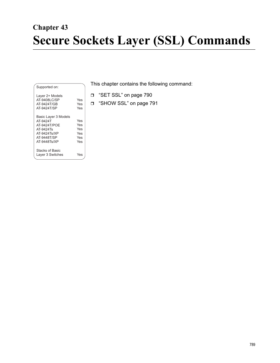 Chapter 43, Secure sockets layer (ssl) commands | Allied Telesis AT-S63 User Manual | Page 789 / 836