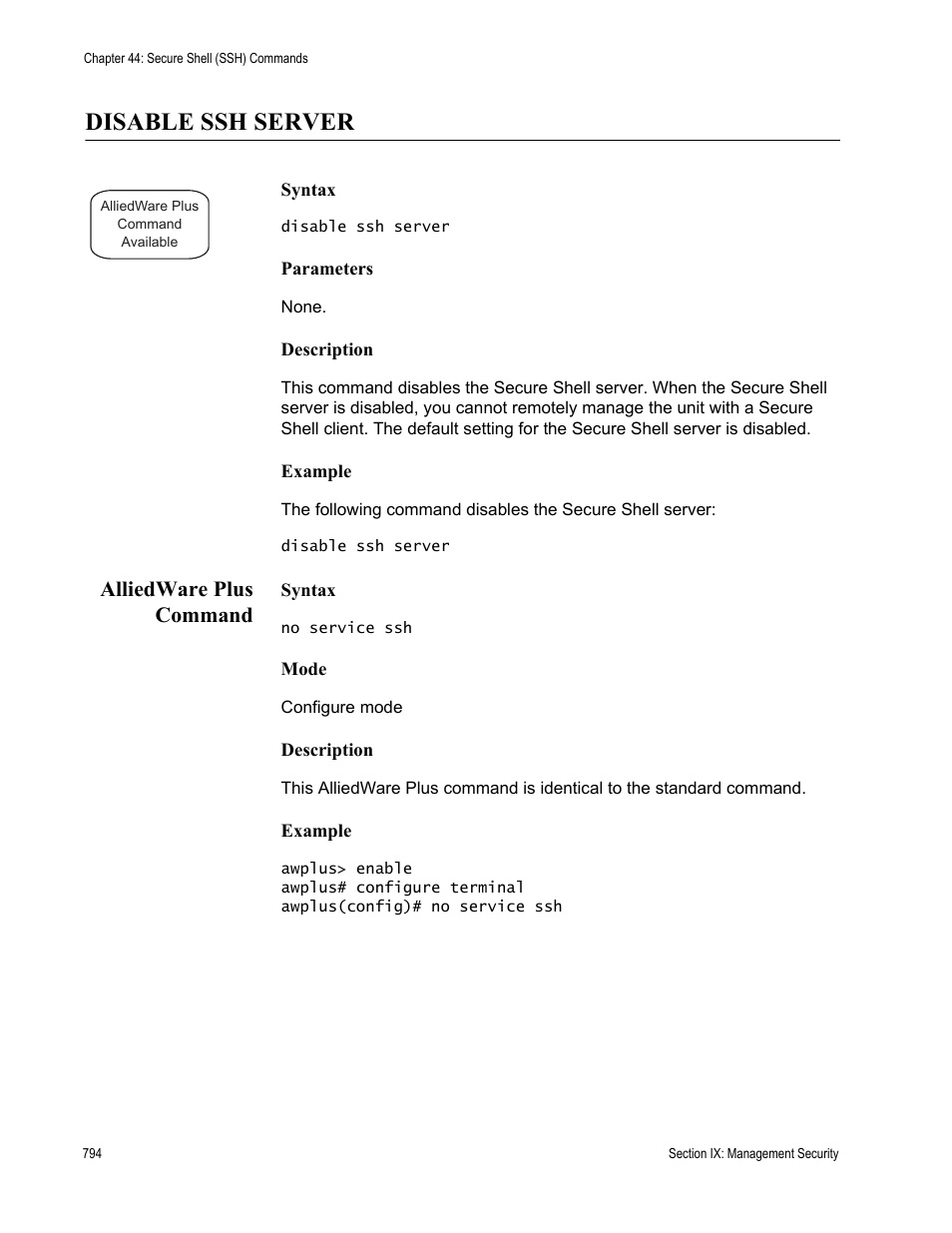 Disable ssh server, Alliedware plus command | Allied Telesis AT-S63 User Manual | Page 794 / 836