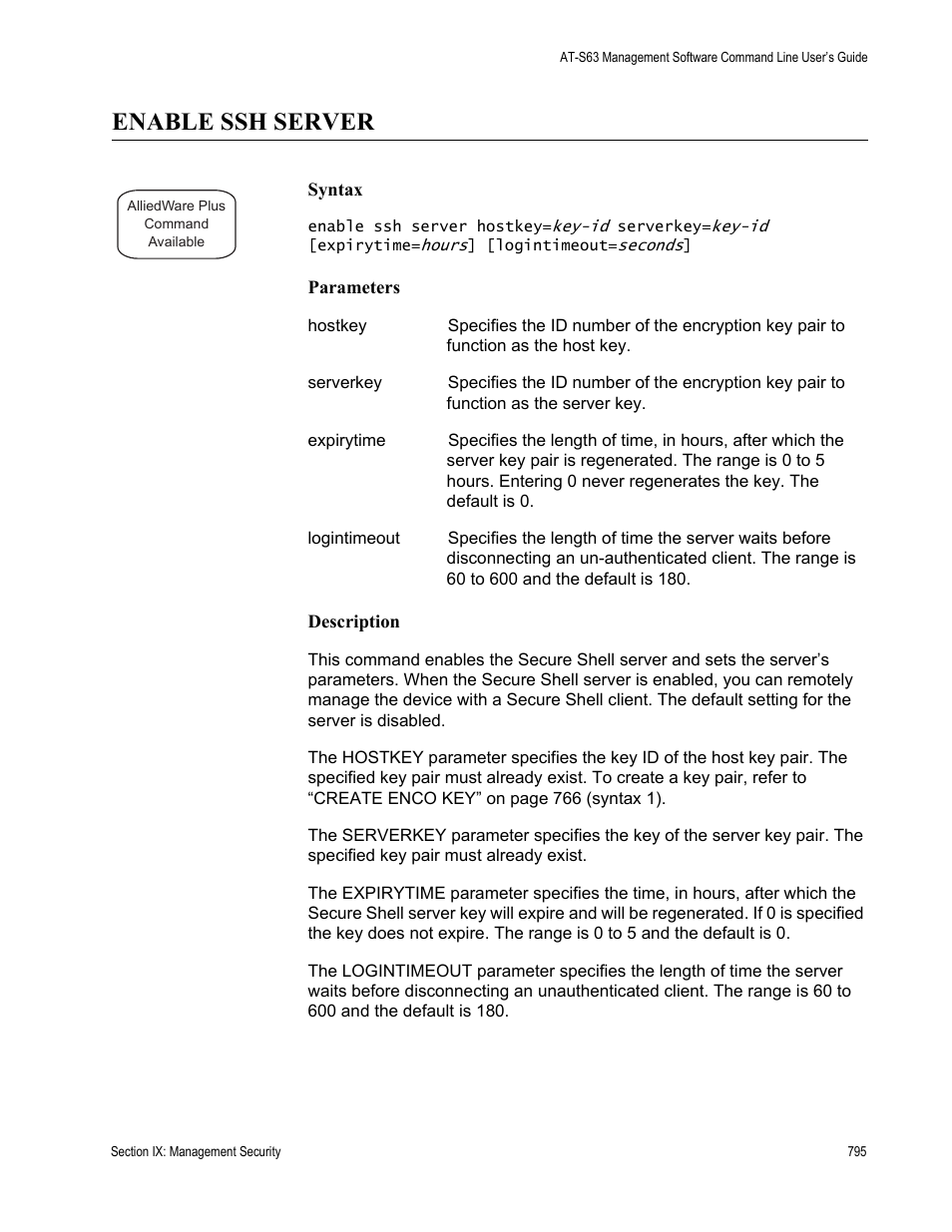 Enable ssh server | Allied Telesis AT-S63 User Manual | Page 795 / 836