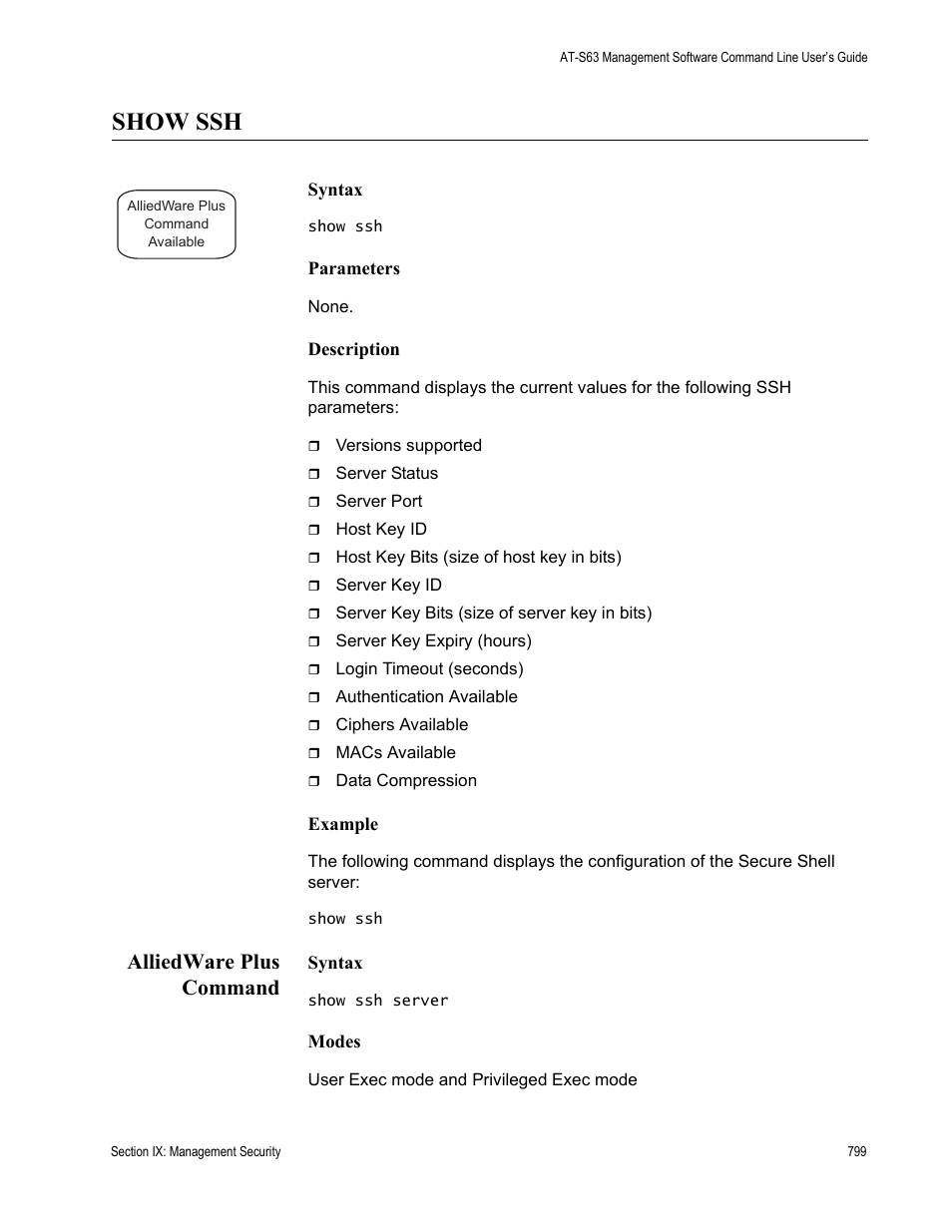 Show ssh, Alliedware plus command | Allied Telesis AT-S63 User Manual | Page 799 / 836