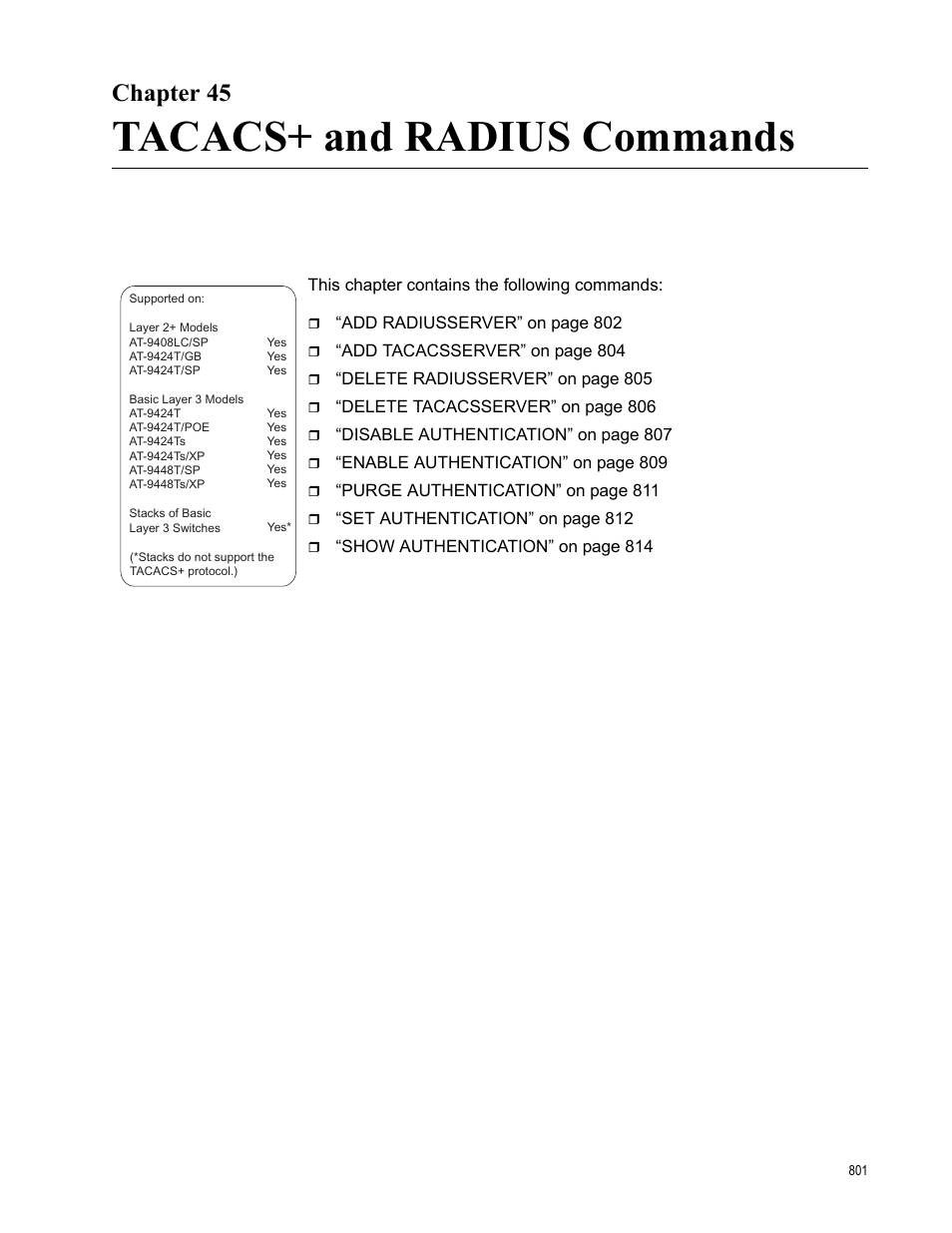 Chapter 45, Tacacs+ and radius commands, Chapter 45: tacacs+ and radius commands | Allied Telesis AT-S63 User Manual | Page 801 / 836