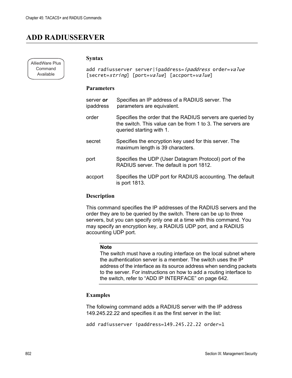 Add radiusserver | Allied Telesis AT-S63 User Manual | Page 802 / 836
