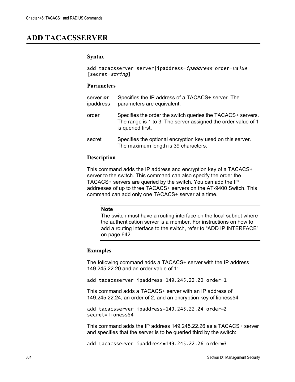 Add tacacsserver | Allied Telesis AT-S63 User Manual | Page 804 / 836