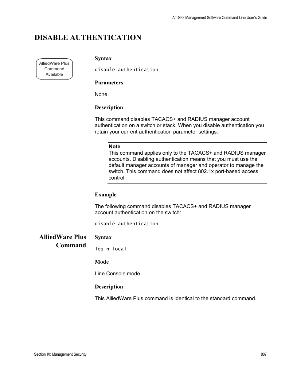 Disable authentication, Alliedware plus command | Allied Telesis AT-S63 User Manual | Page 807 / 836