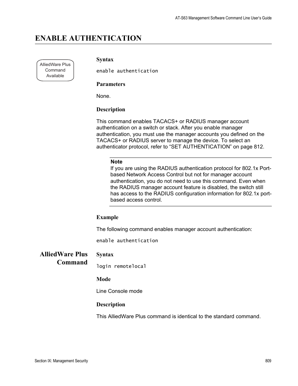 Enable authentication, Alliedware plus command | Allied Telesis AT-S63 User Manual | Page 809 / 836