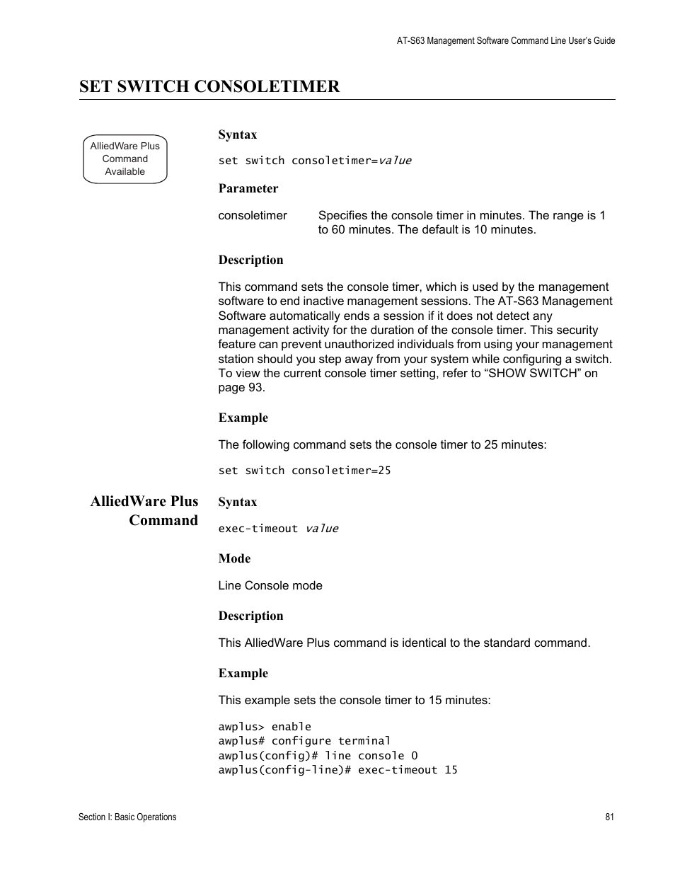 Set switch consoletimer, Alliedware plus command | Allied Telesis AT-S63 User Manual | Page 81 / 836