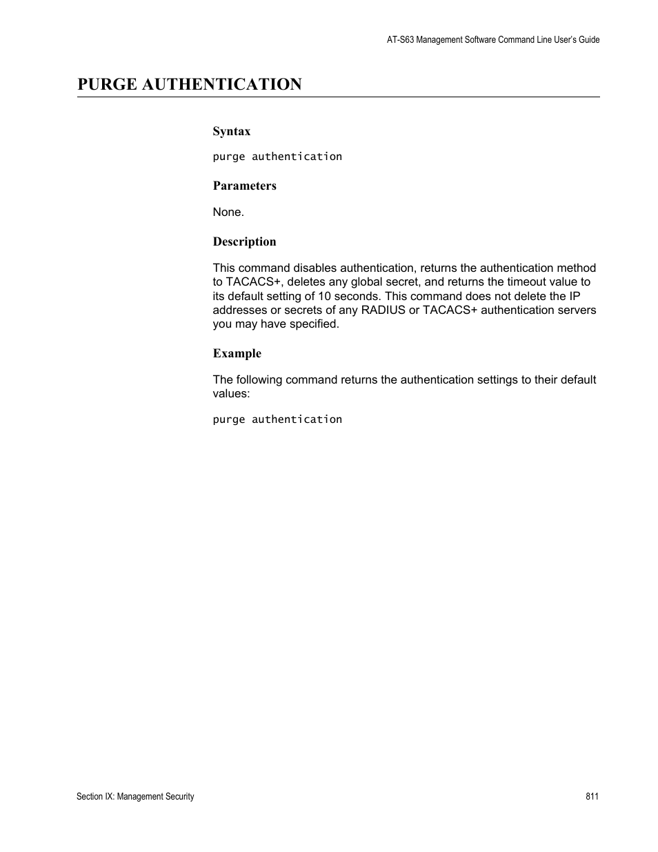 Purge authentication | Allied Telesis AT-S63 User Manual | Page 811 / 836