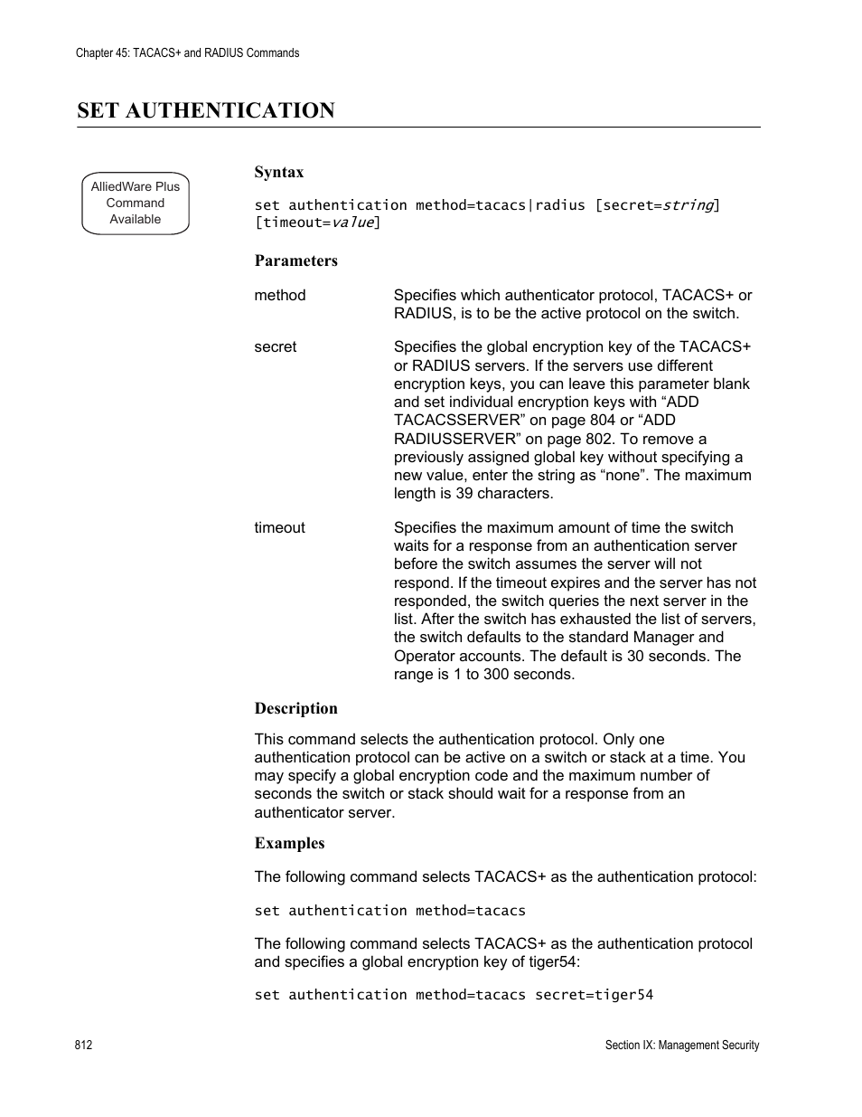 Set authentication | Allied Telesis AT-S63 User Manual | Page 812 / 836