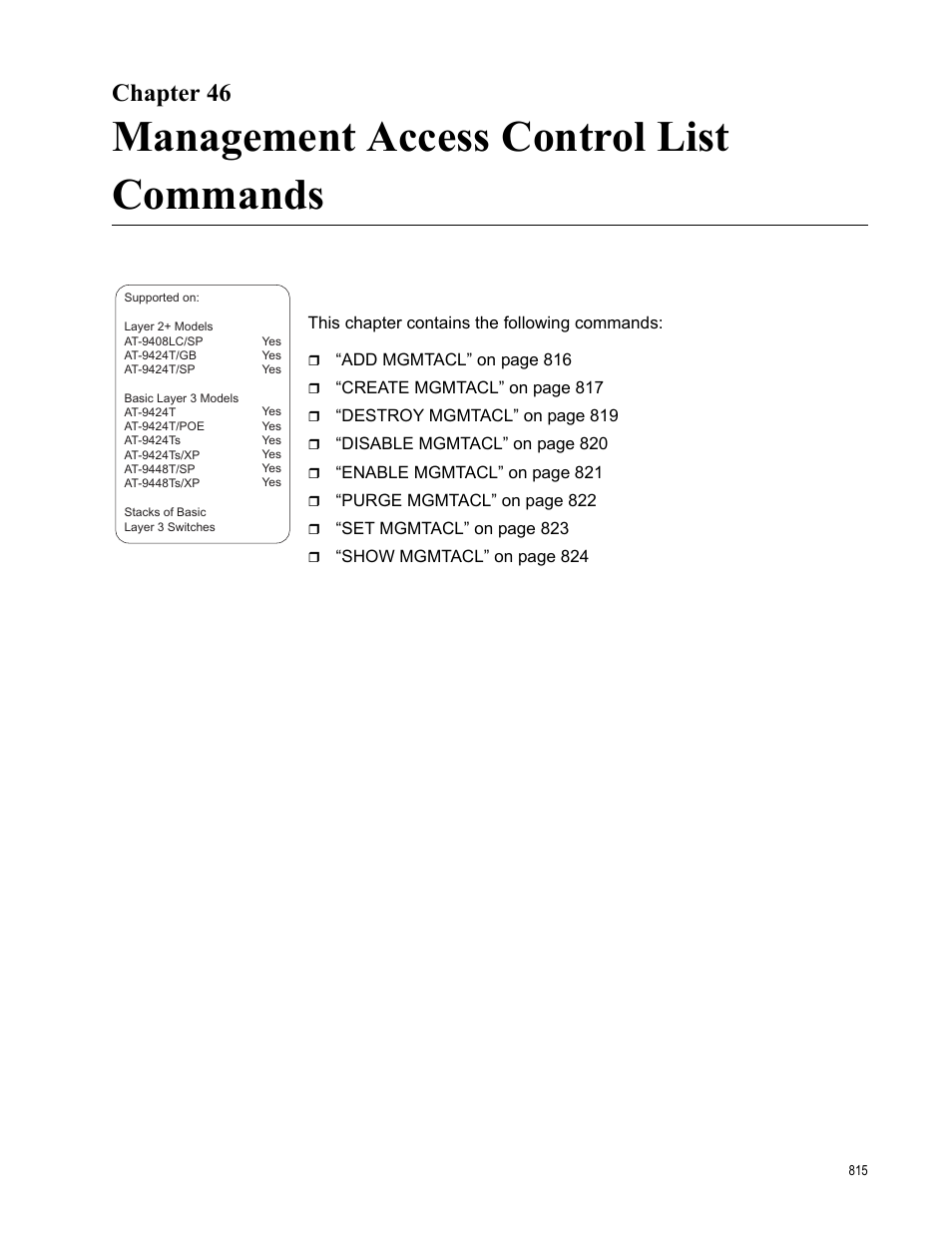 Chapter 46, Management access control list commands | Allied Telesis AT-S63 User Manual | Page 815 / 836