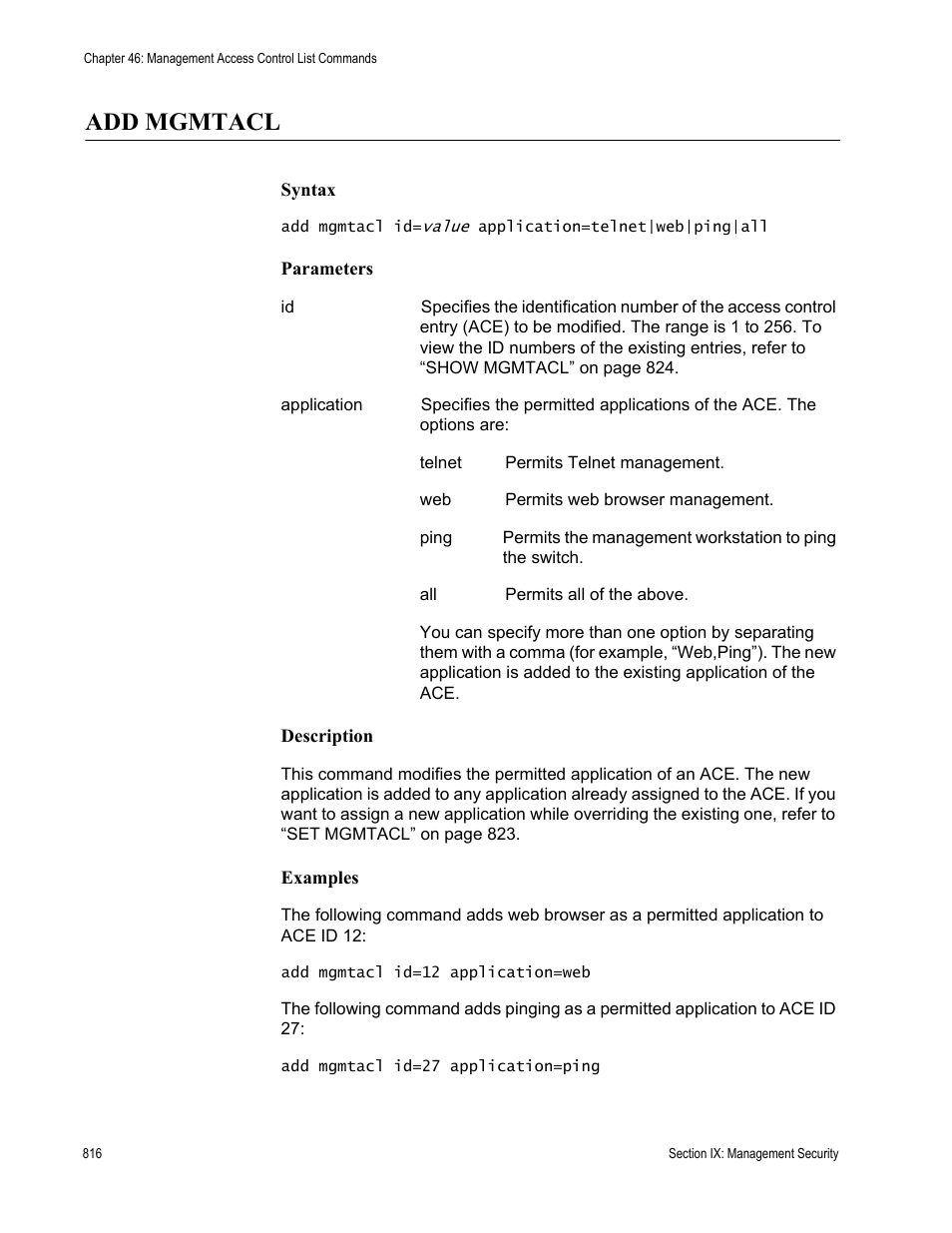 Add mgmtacl | Allied Telesis AT-S63 User Manual | Page 816 / 836