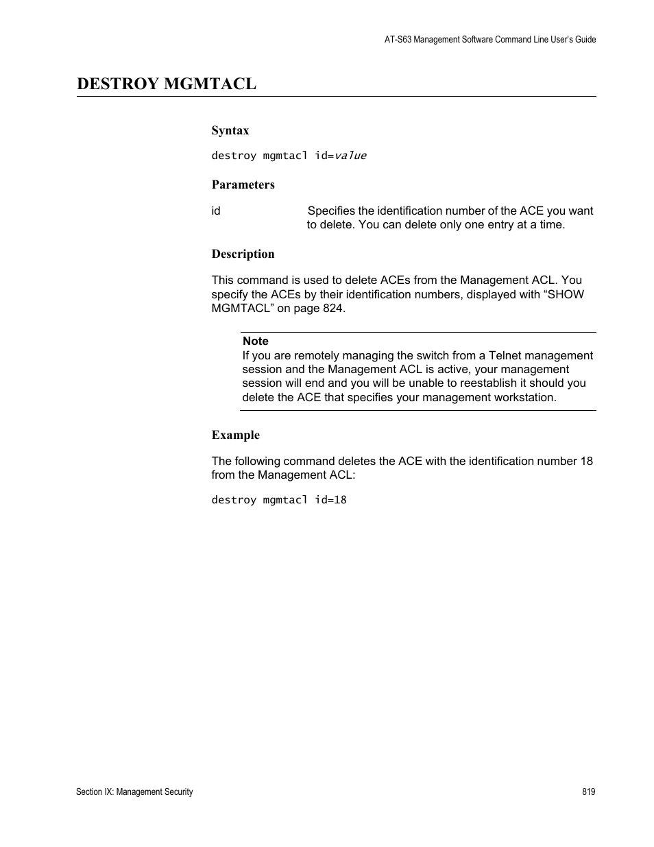 Destroy mgmtacl | Allied Telesis AT-S63 User Manual | Page 819 / 836