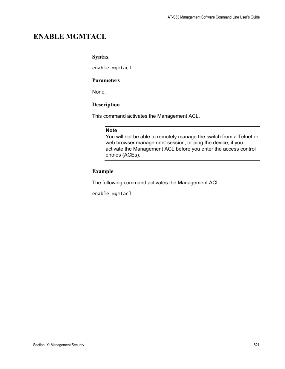 Enable mgmtacl | Allied Telesis AT-S63 User Manual | Page 821 / 836