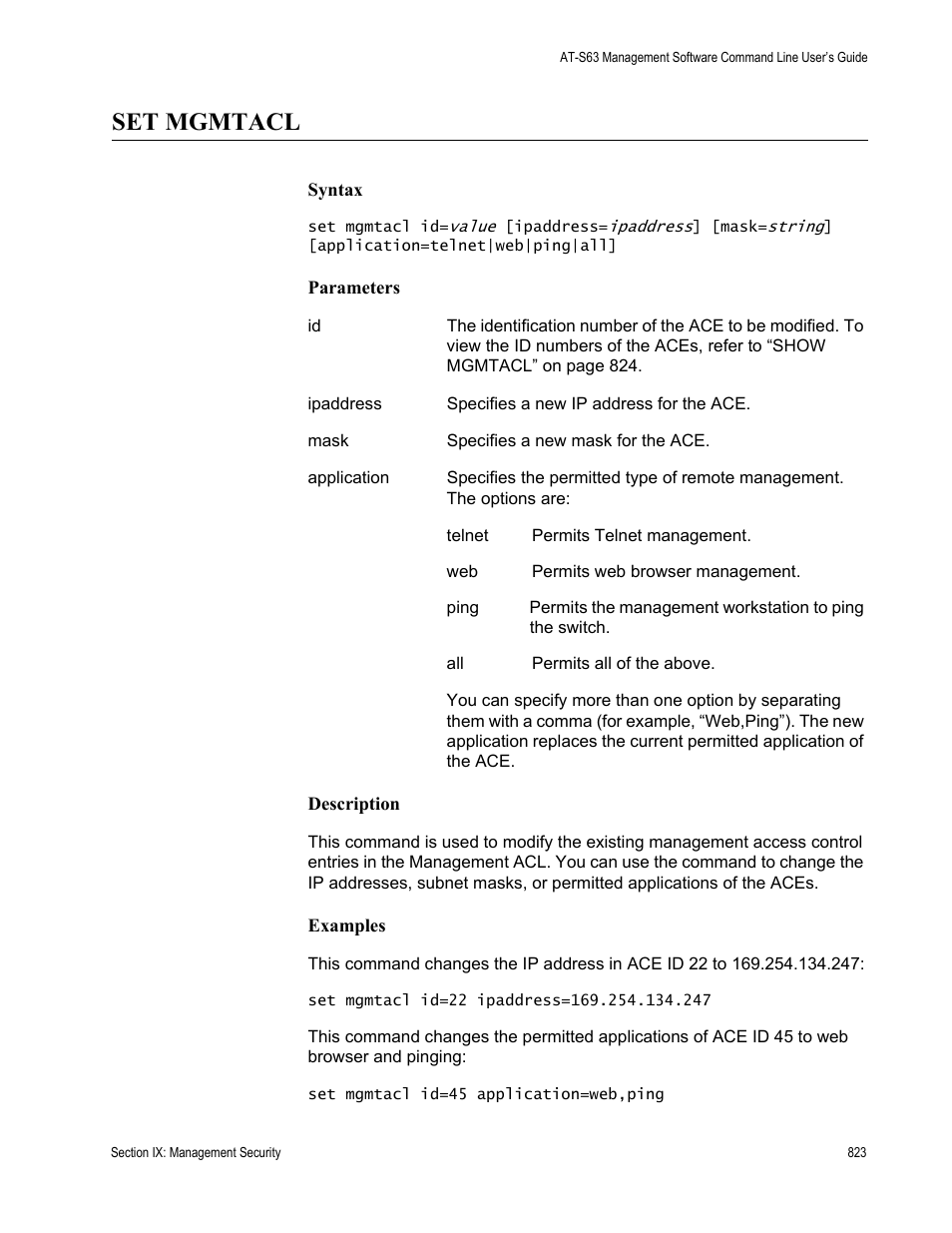 Set mgmtacl | Allied Telesis AT-S63 User Manual | Page 823 / 836