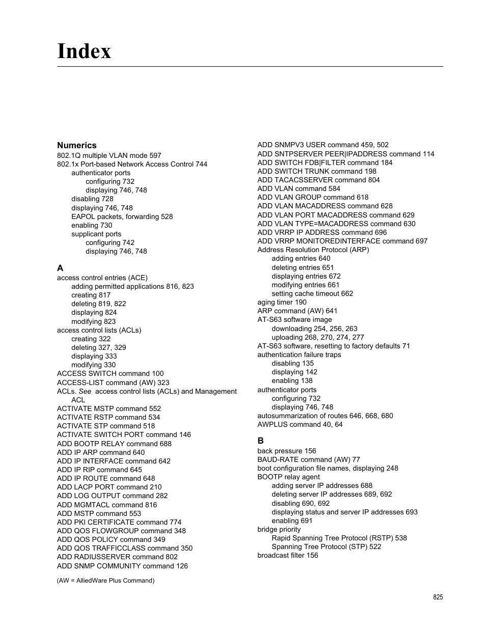 Index, Numerics | Allied Telesis AT-S63 User Manual | Page 825 / 836