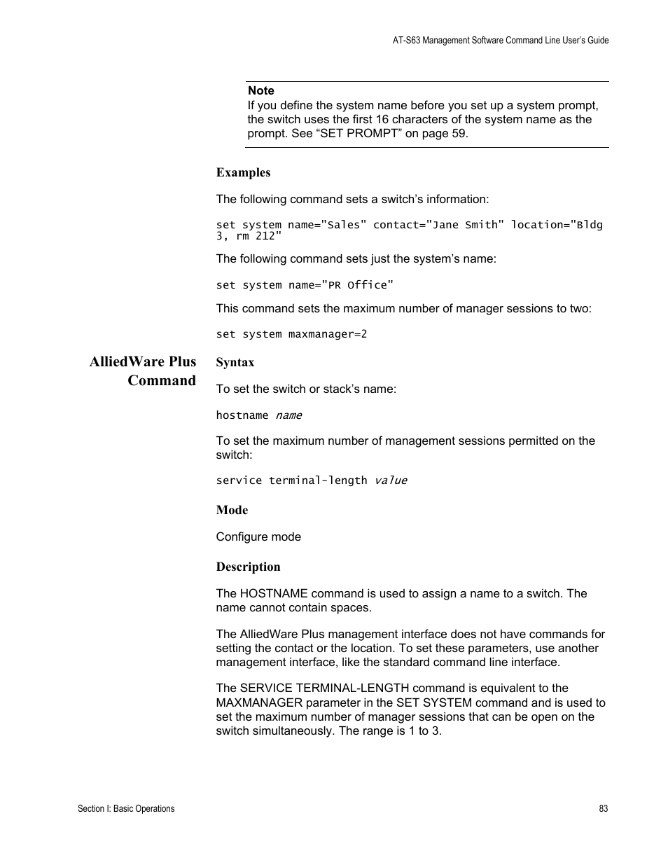 Alliedware plus command | Allied Telesis AT-S63 User Manual | Page 83 / 836