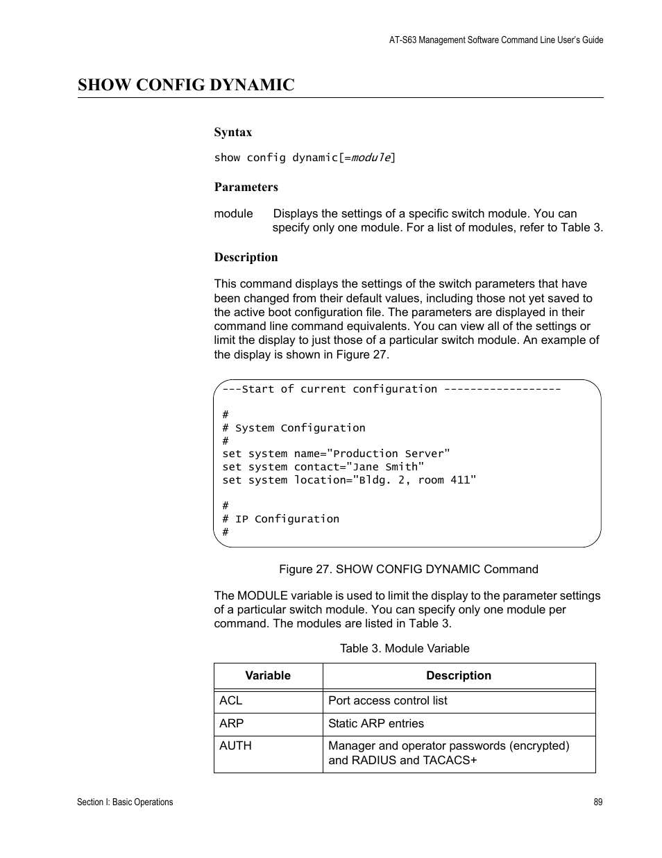 Show config dynamic, Table 3. module variable | Allied Telesis AT-S63 User Manual | Page 89 / 836