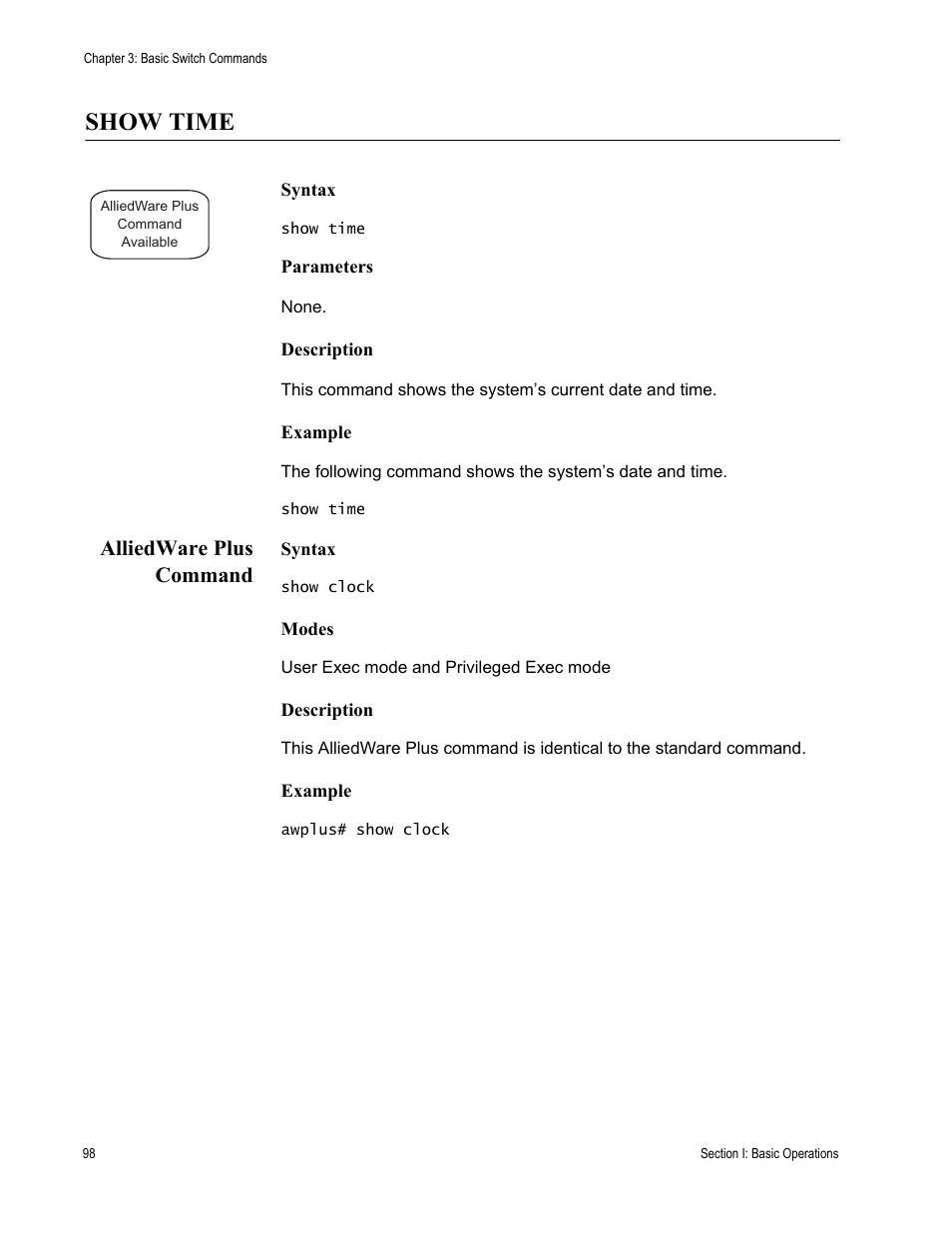 Show time, Alliedware plus command | Allied Telesis AT-S63 User Manual | Page 98 / 836