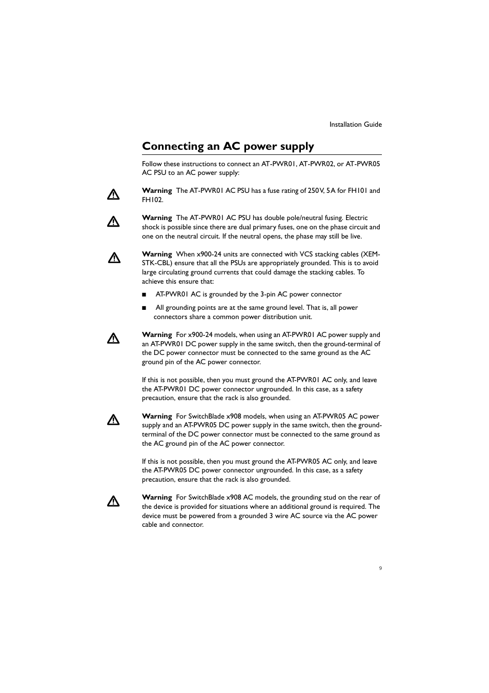 Connecting an ac power supply | Allied Telesis Removable Power Supply and Fan User Manual | Page 10 / 29