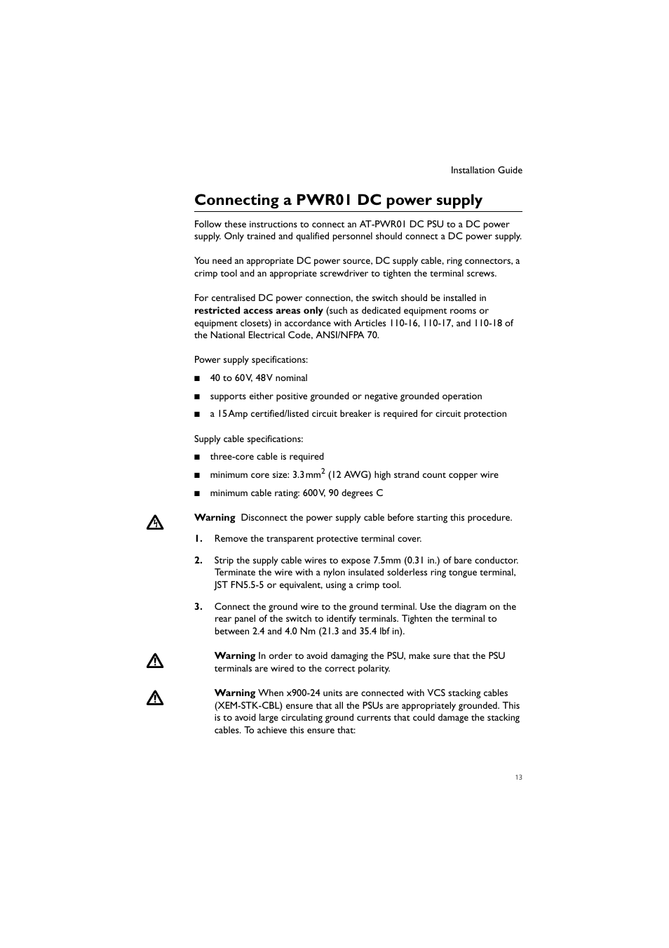 Connecting a pwr01 dc power supply | Allied Telesis Removable Power Supply and Fan User Manual | Page 14 / 29