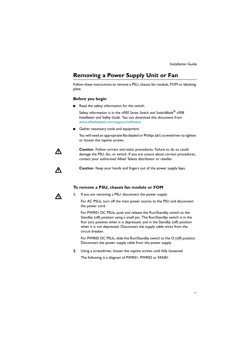 Removing a power supply unit or fan | Allied Telesis Removable Power Supply and Fan User Manual | Page 22 / 29