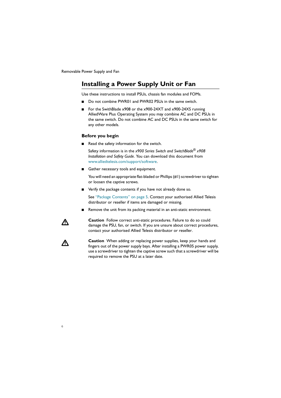 Installing a power supply unit or fan | Allied Telesis Removable Power Supply and Fan User Manual | Page 7 / 29