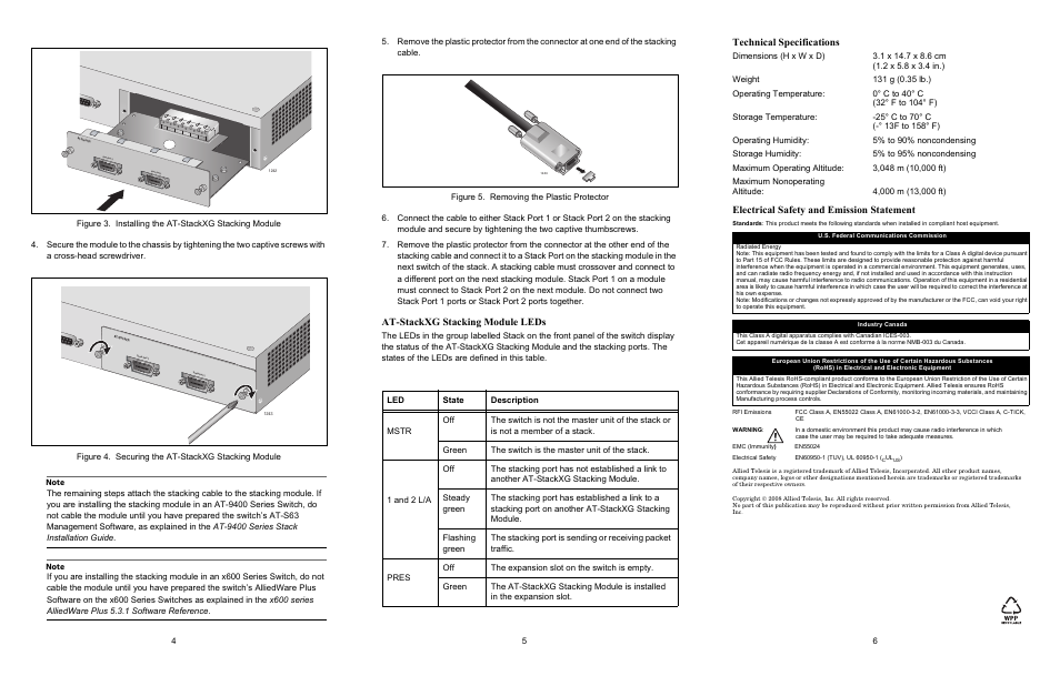 At-stackxg stacking module leds, Technical specifications, Electrical safety and emission statement | Allied Telesis AT-StackXG Stacking Module User Manual | Page 2 / 2