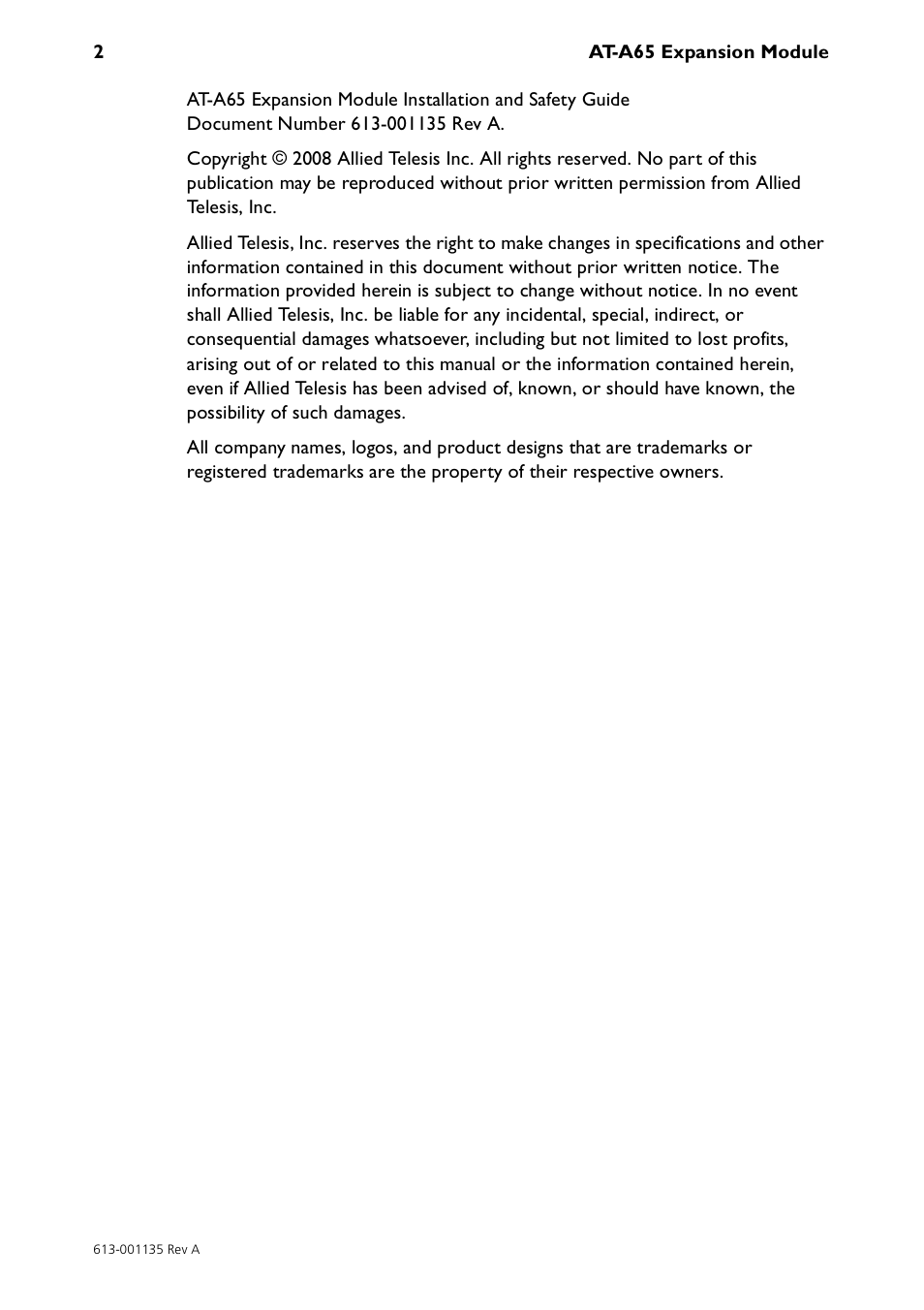 Allied Telesis AT-A65 Expansion Module User Manual | Page 2 / 8
