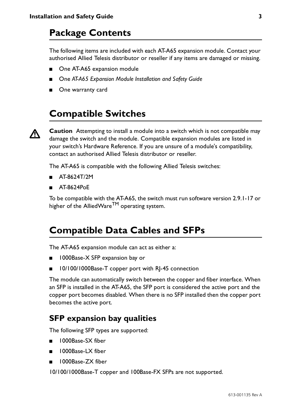 Package contents, Compatible switches, Compatible data cables and sfps | Sfp expansion bay qualities | Allied Telesis AT-A65 Expansion Module User Manual | Page 3 / 8