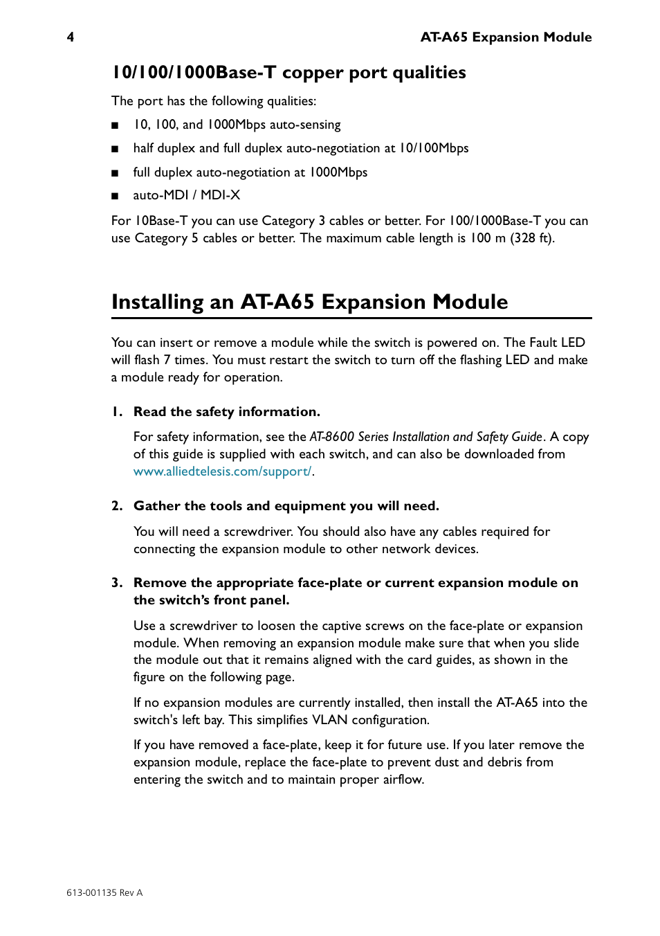 10/100/1000base-t copper port qualities, Installing an at-a65 expansion module | Allied Telesis AT-A65 Expansion Module User Manual | Page 4 / 8