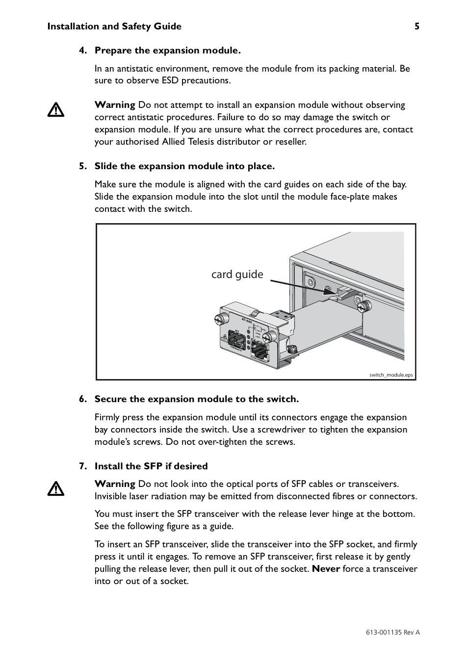 Card guide | Allied Telesis AT-A65 Expansion Module User Manual | Page 5 / 8