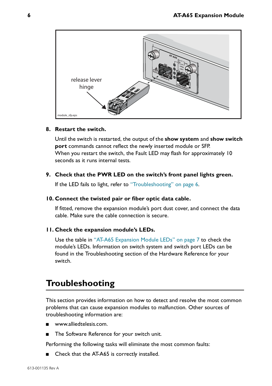Troubleshooting | Allied Telesis AT-A65 Expansion Module User Manual | Page 6 / 8