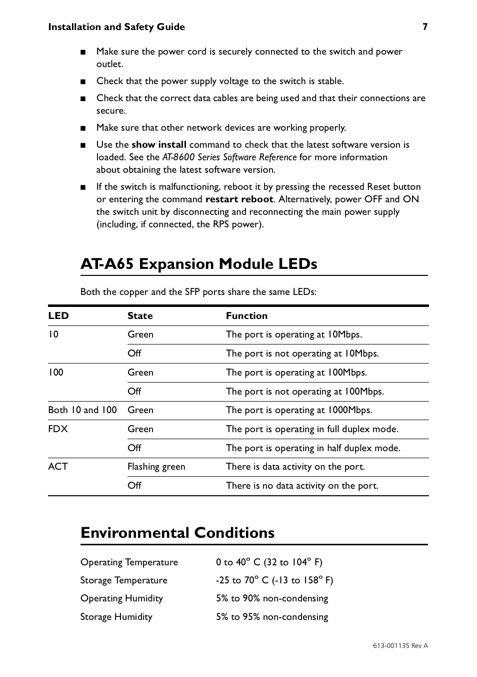 At-a65 expansion module leds, Environmental conditions | Allied Telesis AT-A65 Expansion Module User Manual | Page 7 / 8