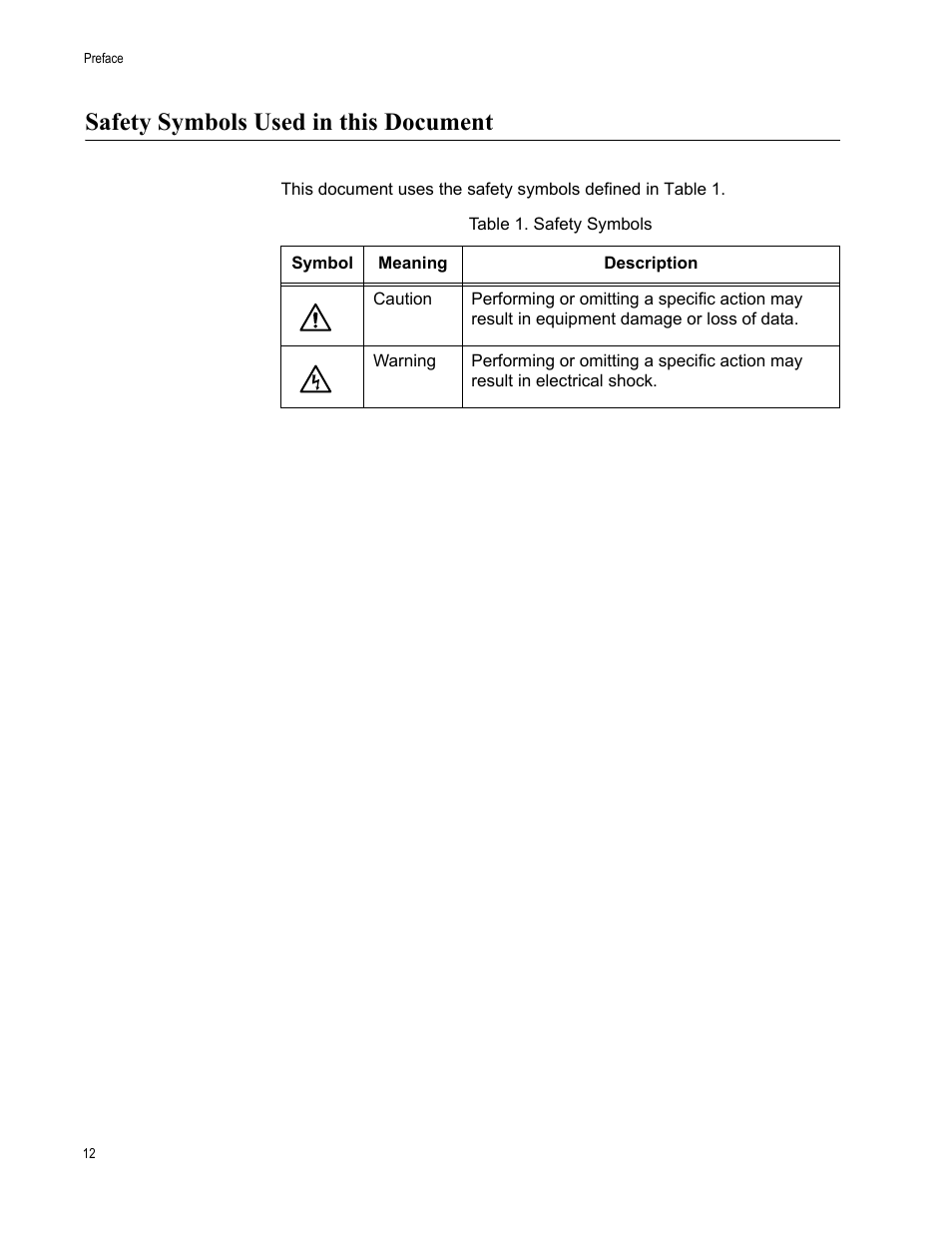 Safety symbols used in this document, Table 1. safety symbols | Allied Telesis AT-FS708POE User Manual | Page 12 / 52