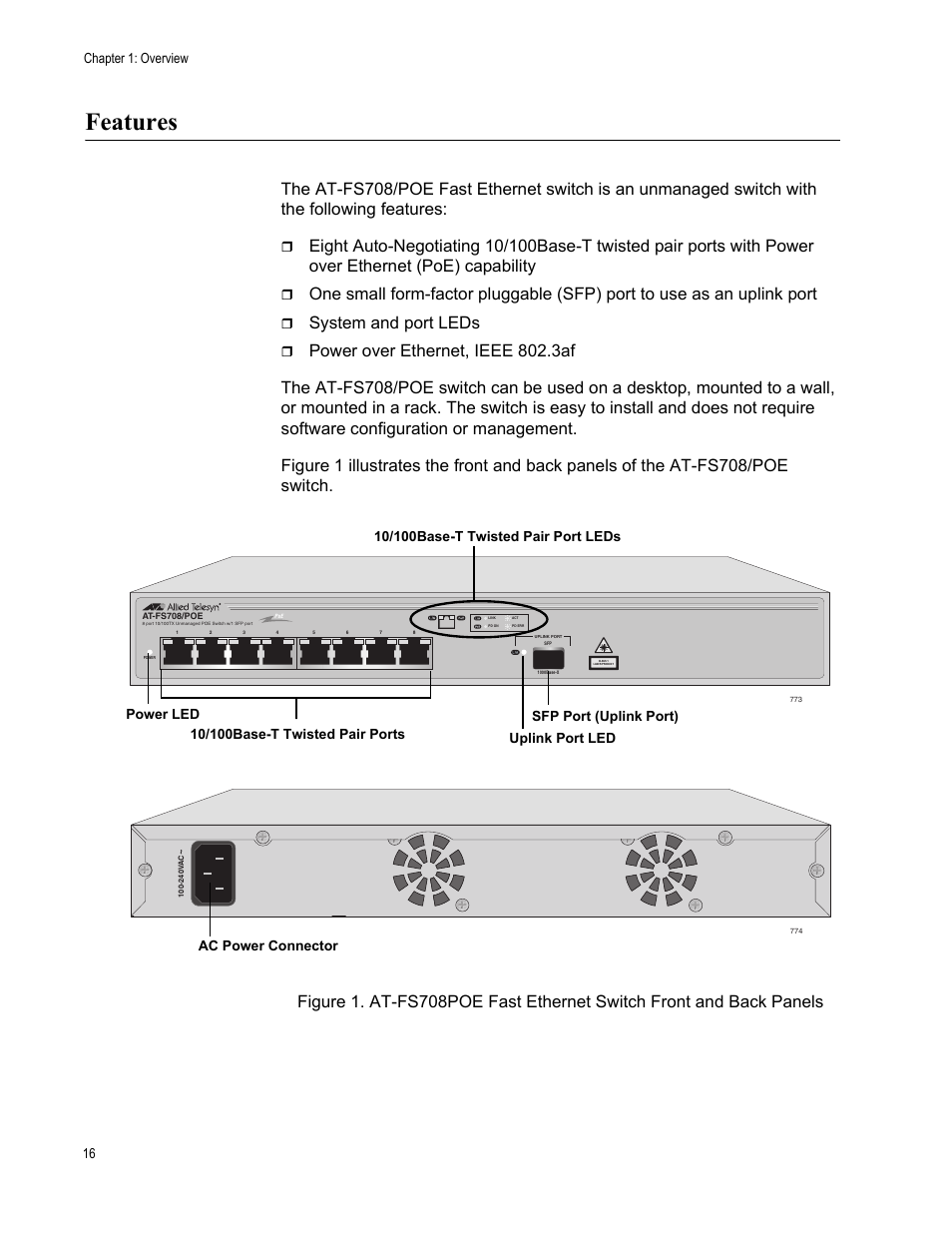 Features, System and port leds, Chapter 1: overview 16 | Allied Telesis AT-FS708POE User Manual | Page 16 / 52