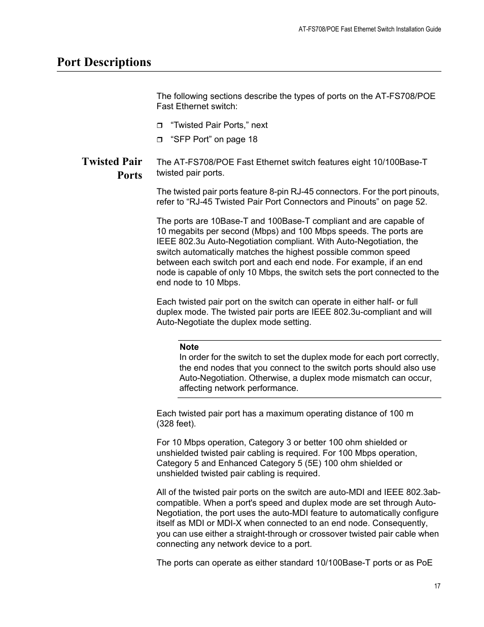 Port descriptions, Twisted pair ports | Allied Telesis AT-FS708POE User Manual | Page 17 / 52