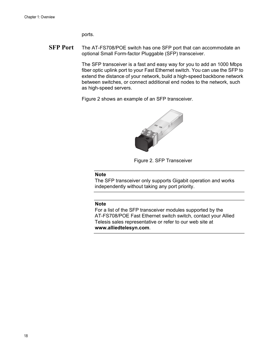 Sfp port, Figure 2. sfp transceiver | Allied Telesis AT-FS708POE User Manual | Page 18 / 52