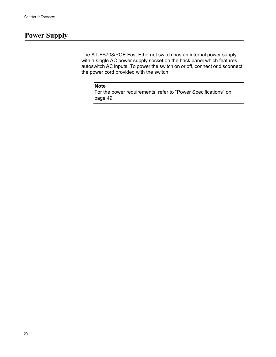 Power supply | Allied Telesis AT-FS708POE User Manual | Page 20 / 52