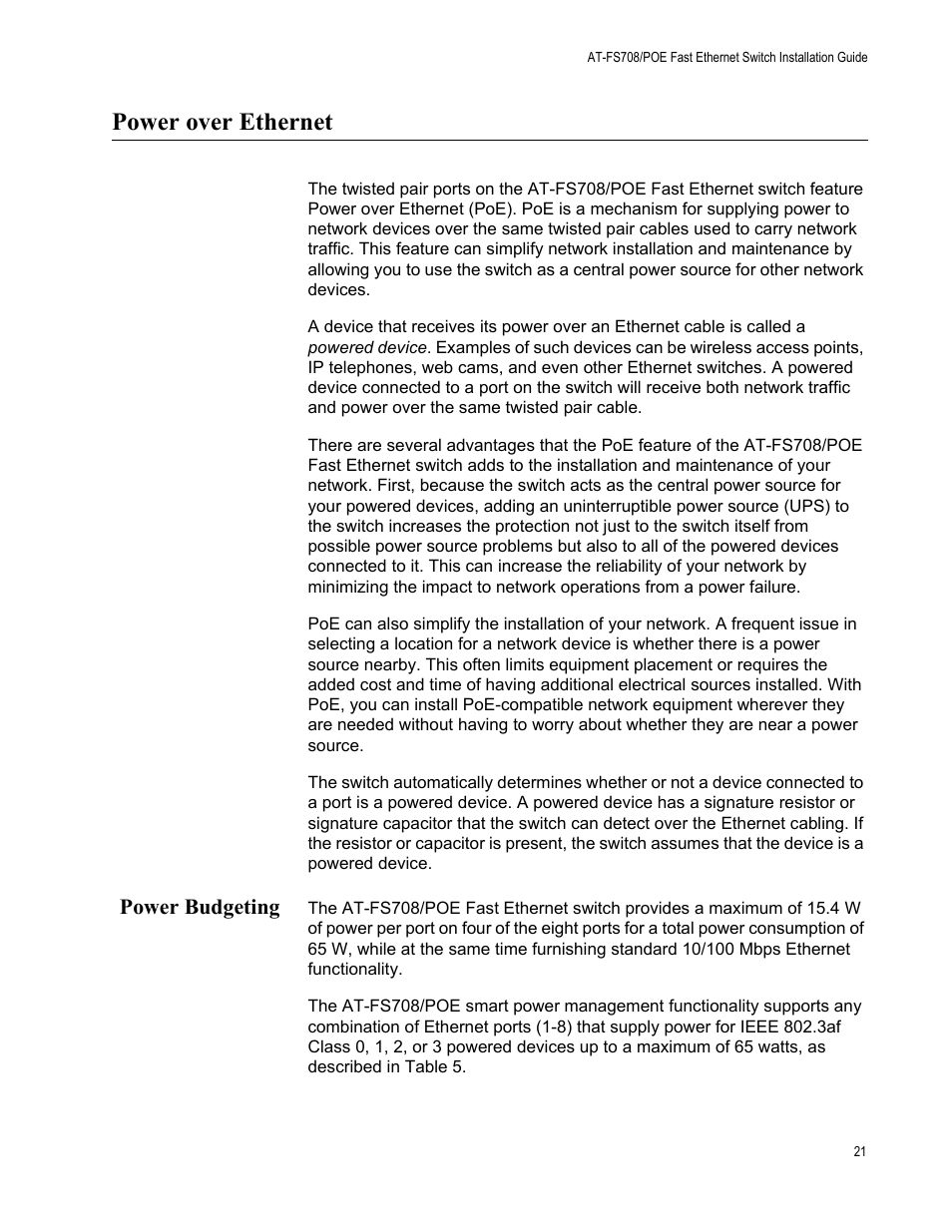 Power over ethernet, Power budgeting | Allied Telesis AT-FS708POE User Manual | Page 21 / 52