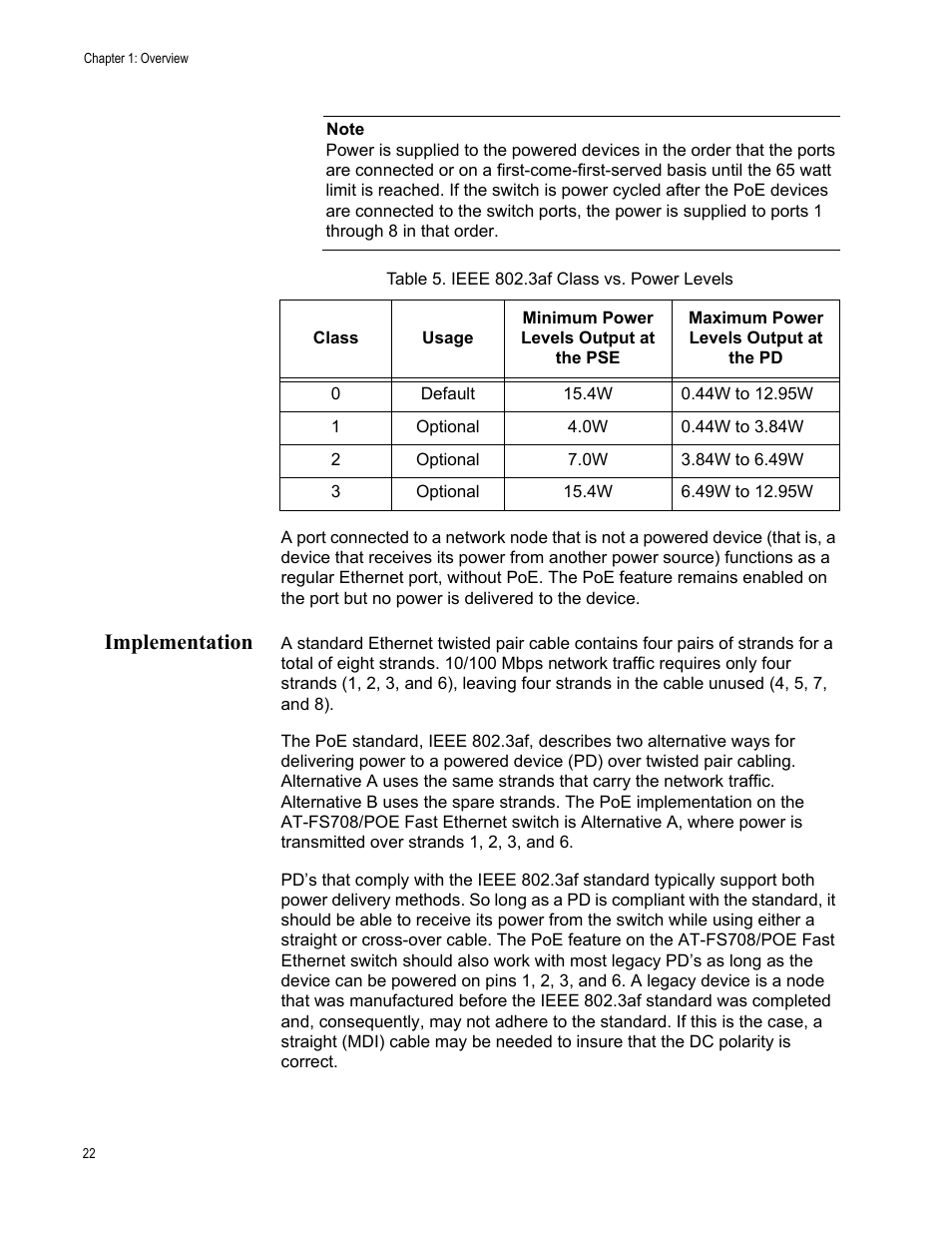 Implementation, Table 5. ieee 802.3af class vs. power levels | Allied Telesis AT-FS708POE User Manual | Page 22 / 52