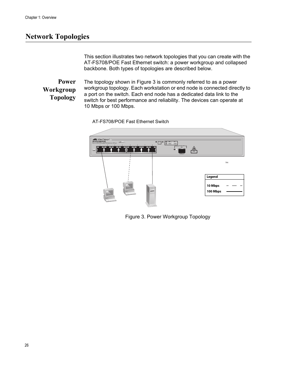 Network topologies, Power workgroup topology, Figure 3. power workgroup topology | At-fs708/poe fast ethernet switch, Chapter 1: overview 26, Class 1 laser product | Allied Telesis AT-FS708POE User Manual | Page 26 / 52