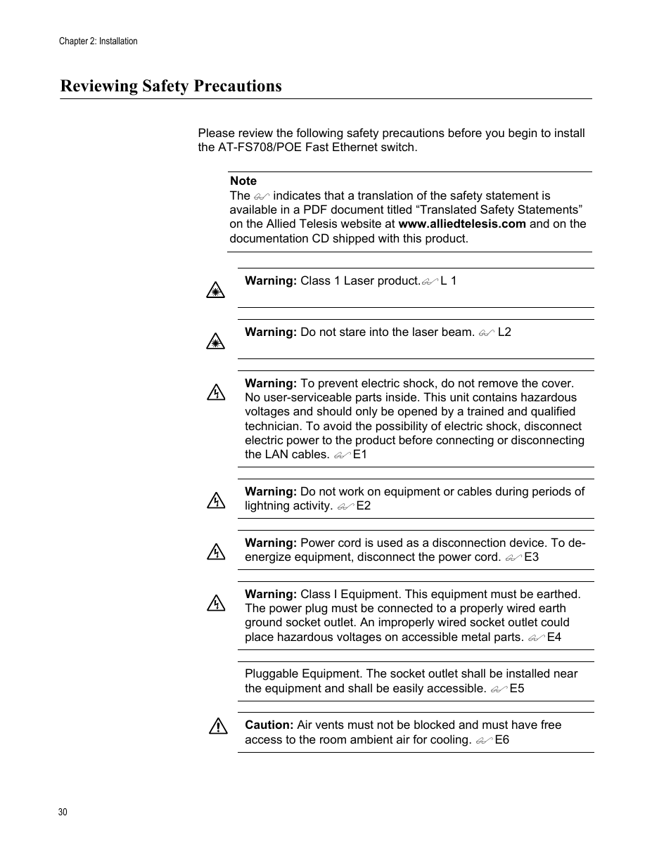 Reviewing safety precautions | Allied Telesis AT-FS708POE User Manual | Page 30 / 52