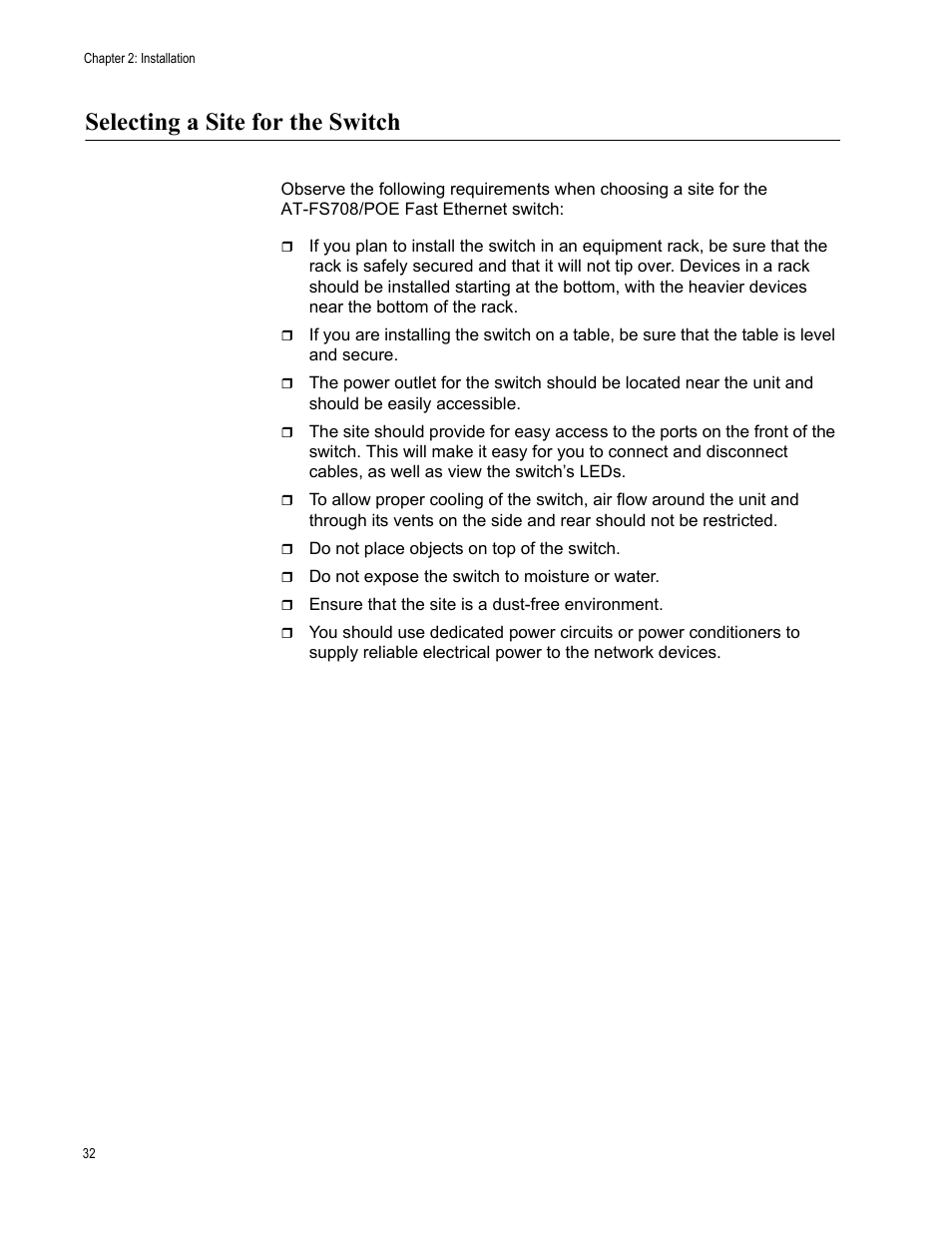 Selecting a site for the switch | Allied Telesis AT-FS708POE User Manual | Page 32 / 52