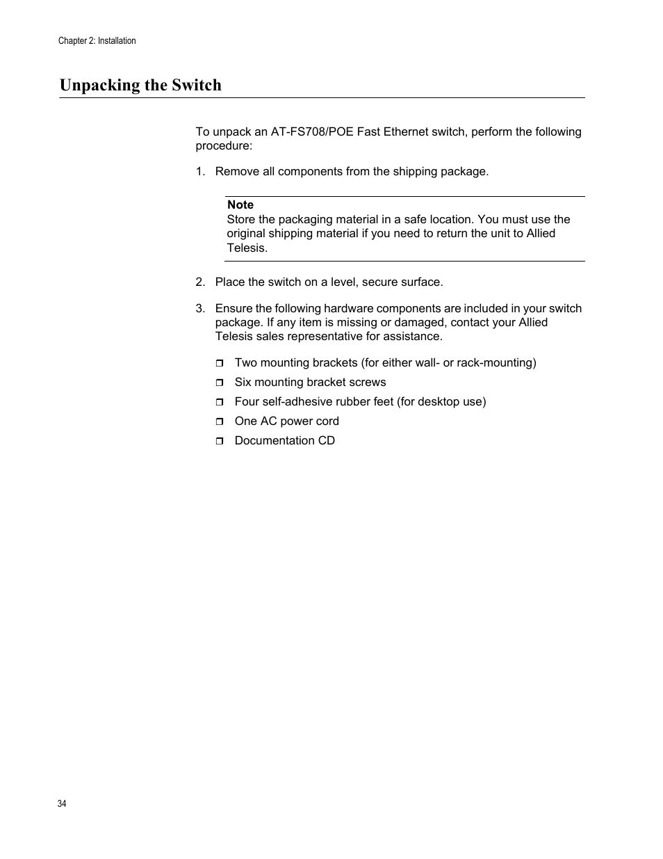 Unpacking the switch | Allied Telesis AT-FS708POE User Manual | Page 34 / 52