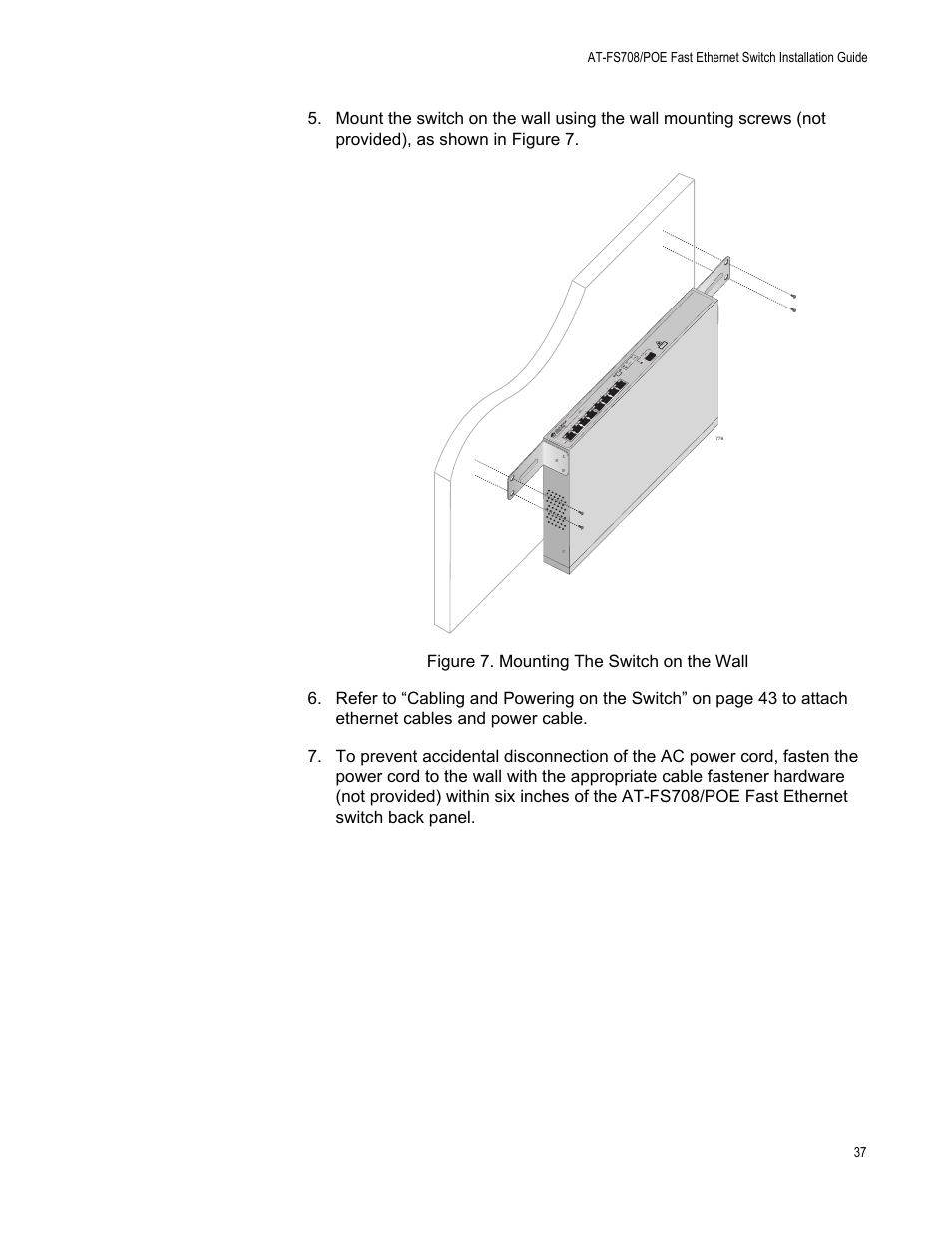 Figure 7. mounting the switch on the wall | Allied Telesis AT-FS708POE User Manual | Page 37 / 52