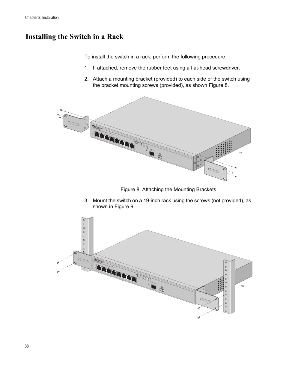 Installing the switch in a rack, Figure 8. attaching the mounting brackets, Chapter 2: installation 38 | Pd on pd er r link act clas s 1 laser product, Pd on pd er r link act clas s 1 laser pro duct | Allied Telesis AT-FS708POE User Manual | Page 38 / 52