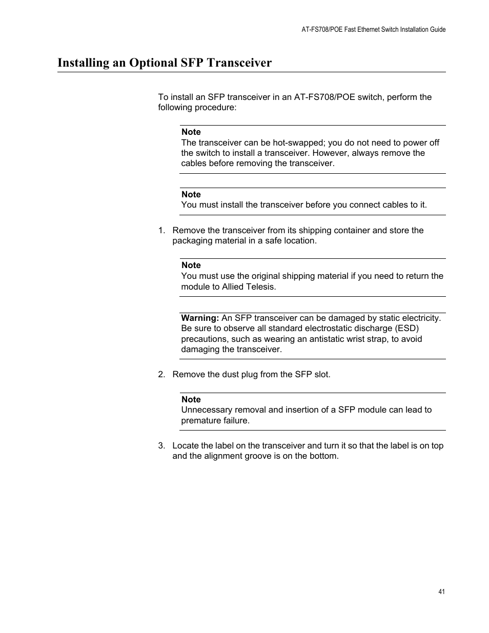 Installing an optional sfp transceiver | Allied Telesis AT-FS708POE User Manual | Page 41 / 52